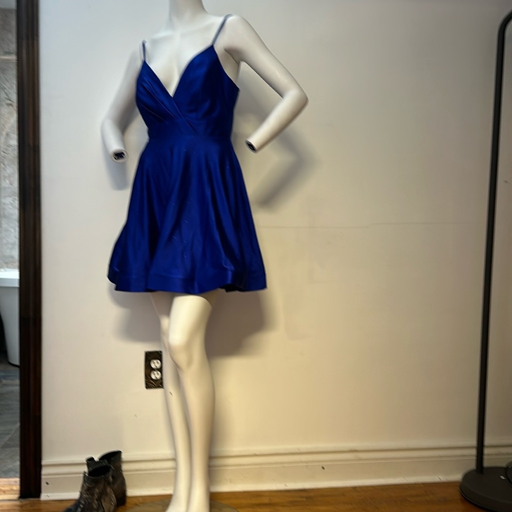 New USA made Le Chareau cobalt blue sparkly silver fit flare mini dress Holliday